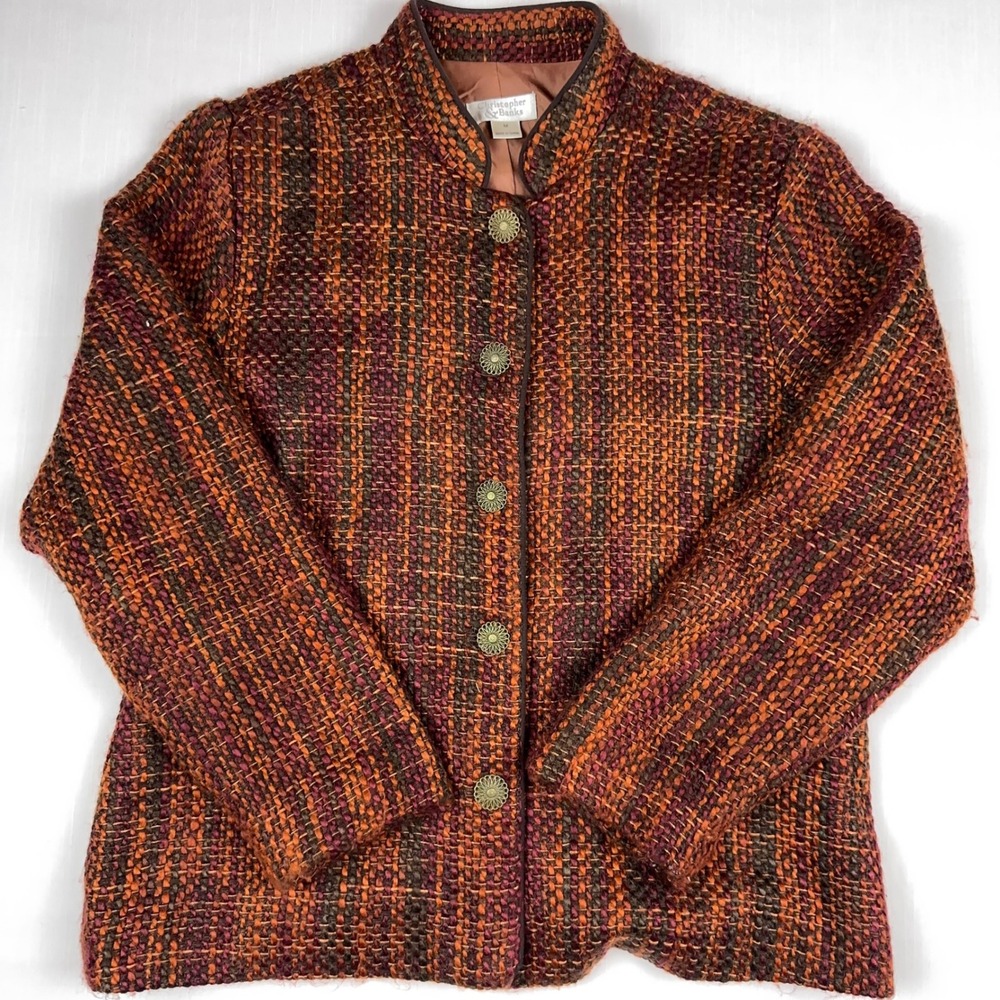 Christopher & Banks Women Medium Orange Brown Tweed Button Front Jacket